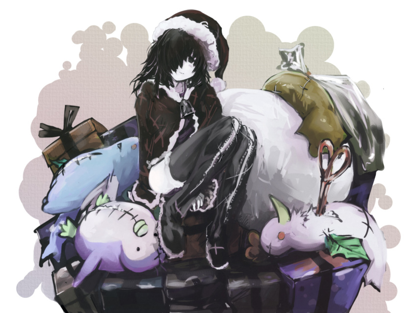 bad_id bad_pixiv_id bag black_hair black_santa_costume box female gift highres horns kamemushi_(hoozuki) original photoshop_(medium) ribbon sack santa_costume scissors solo stuffed_animal stuffed_toy watanuki