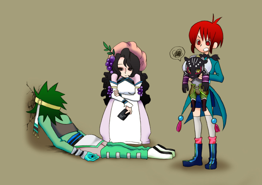 3boys ahoge armor black_eyes black_hair boots braid breasts card coat dress eugene_gallardo female gloves green_hair grey_background hat headband hilda_rhambling long_hair mao_(tales) mao_(tor) multiple_boys open_mouth pants red_eyes red_hair shoes short_hair shorts socks tales_of_(series) tales_of_rebirth thighhighs tytree_crowe