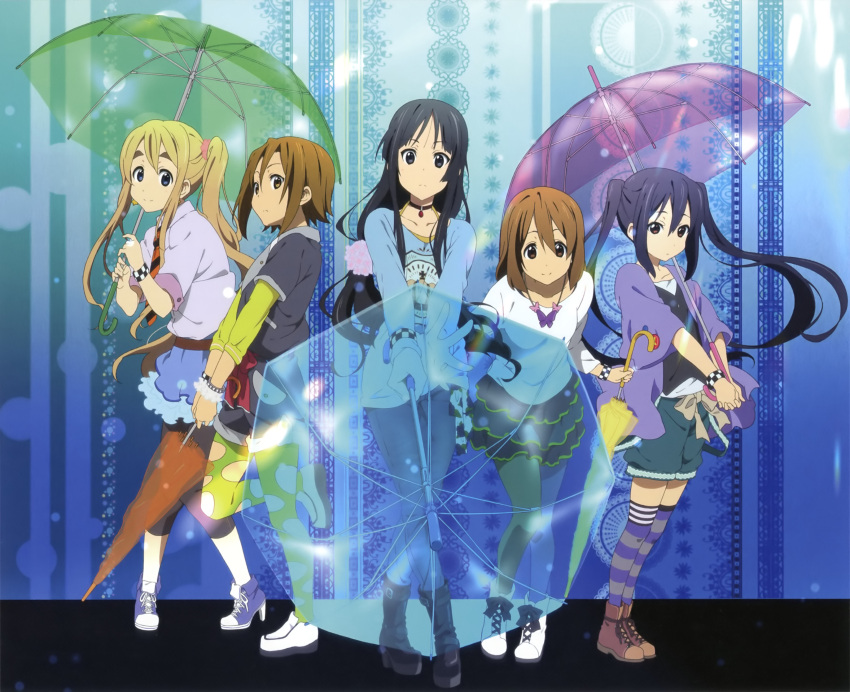 5girls absurdres akiyama_mio black_hair blonde_hair brown_eyes brown_hair closed_umbrella crossed_legs highres hikiyama_kayo hirasawa_yui holding k-on! kotobuki_tsumugi long_hair multiple_girls nakano_azusa official_art pantyhose pantyhose_under_shorts scan shorts side_ponytail skirt socks standing striped_clothes striped_socks tainaka_ritsu thighhighs transparent transparent_umbrella twintails umbrella