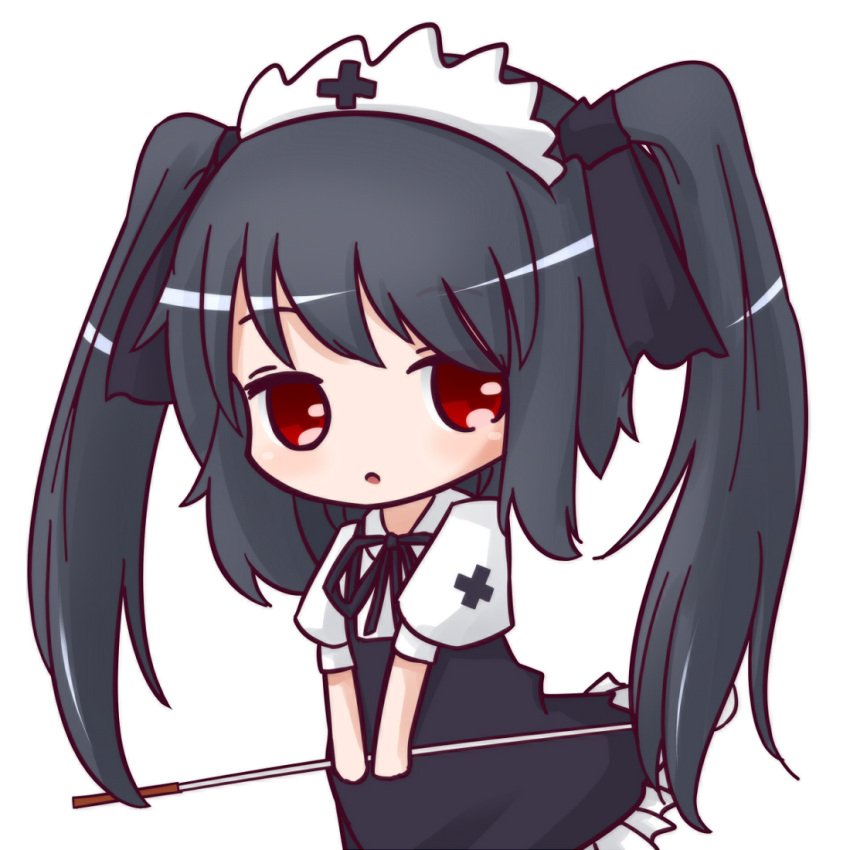 black_hair chibi commentary_request dress female golf_club hair_ribbon kisa_(k_isa) kooh open_mouth pangya red_eyes ribbon solo twintails white_background