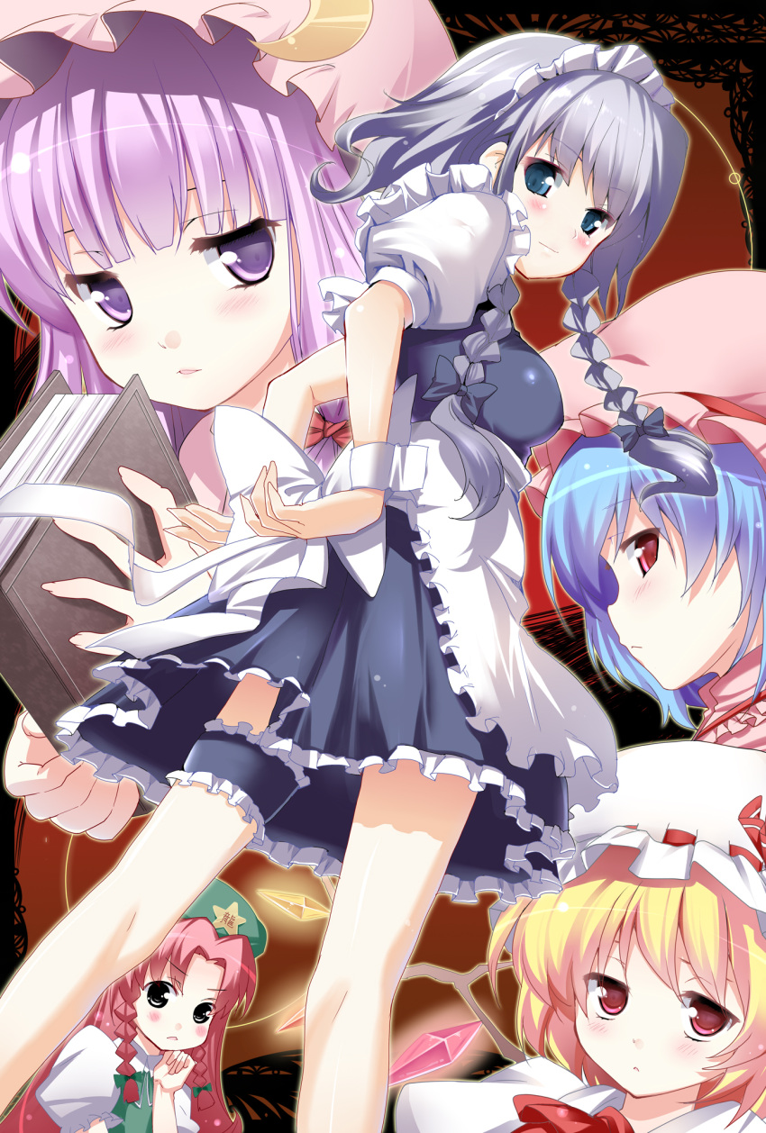 5girls blue_eyes blue_hair blush book braid commentary_request crescent flandre_scarlet grey_hair hat highres holding holding_book hong_meiling izayoi_sakuya long_hair maid maid_headdress multiple_girls patchouli_knowledge photoshop_(medium) pikazo purple_eyes purple_hair red_eyes red_hair remilia_scarlet star_(symbol) thigh_strap touhou twin_braids wings