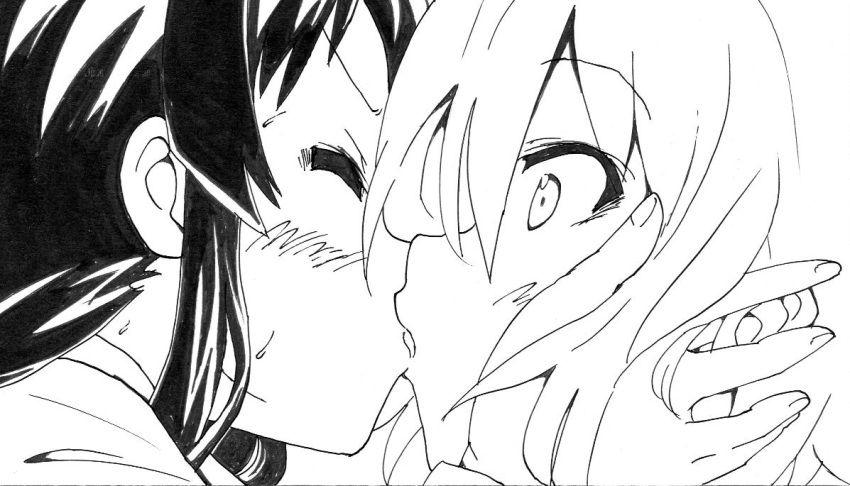 2girls akiyama_mio blush commentary_request greyscale hairband k-on! kissing monochrome multiple_girls nome_(nnoommee) sakuragaoka_high_school_uniform school_uniform simple_background tainaka_ritsu uniform unworn_hairband unworn_headwear yuri