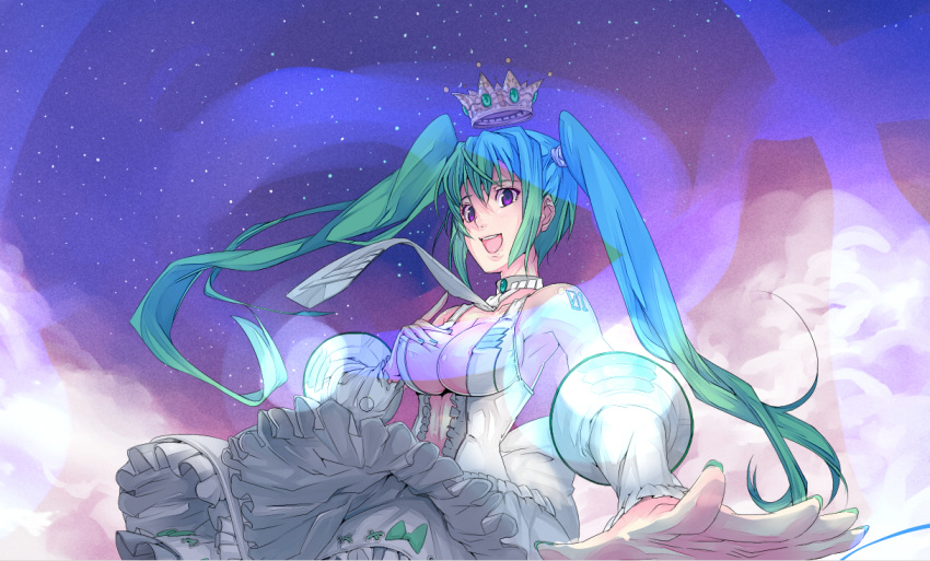 armpits bad_id bad_pixiv_id breast_hold breasts center_opening cleavage crown detached_sleeves dress female foreshortening green_hair hatsune_miku hatsune_miku_(append) large_breasts long_hair mezard nail_polish open_mouth purple_eyes solo twintails vocaloid vocaloid_append