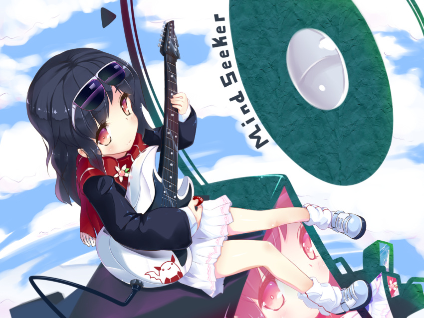 bad_id bad_pixiv_id black_hair blush dexp electric_guitar female guitar instrument long_hair original plectrum red_eyes sitting smile solo speaker sunglasses television