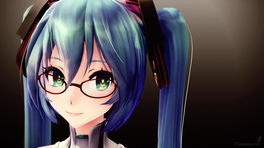 3d aqua_hair bespectacled close-up commentary_request female glasses green_eyes hatsune_miku hatsune_miku_(append) highres looking_at_viewer mikumikudance_(medium) portrait sawamura_tsukasa simple_background solo tda_model_(mikumikudance) twintails vocaloid vocaloid_append