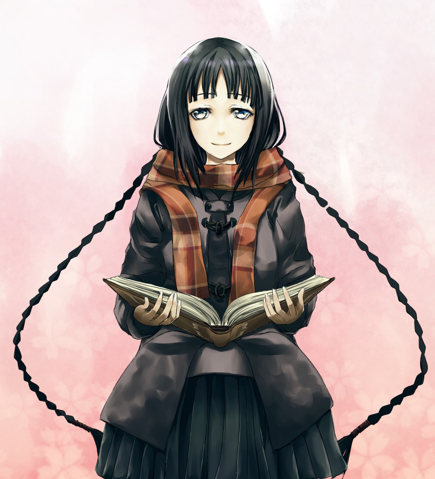 absurdres amano_tooko black_hair blue_eyes book braid bungaku_shoujo commentary_request female highres jacket litlicha long_hair photoshop_(medium) scarf school_uniform skirt solo twin_braids