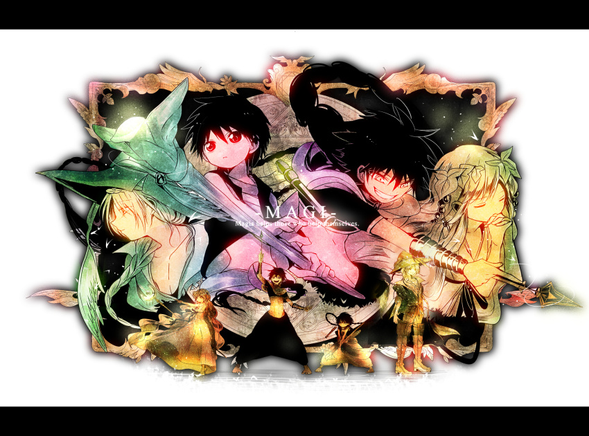 3boys aladdin_(magi) bad_id bad_pixiv_id baggy_pants barefoot bracelet braid dress female hair_over_shoulder hat highres jewelry judal letterboxed long_hair magi_the_labyrinth_of_magic midriff monarin multiple_boys pants scheherazade_(magi) staff very_long_hair wings witch_hat yunan