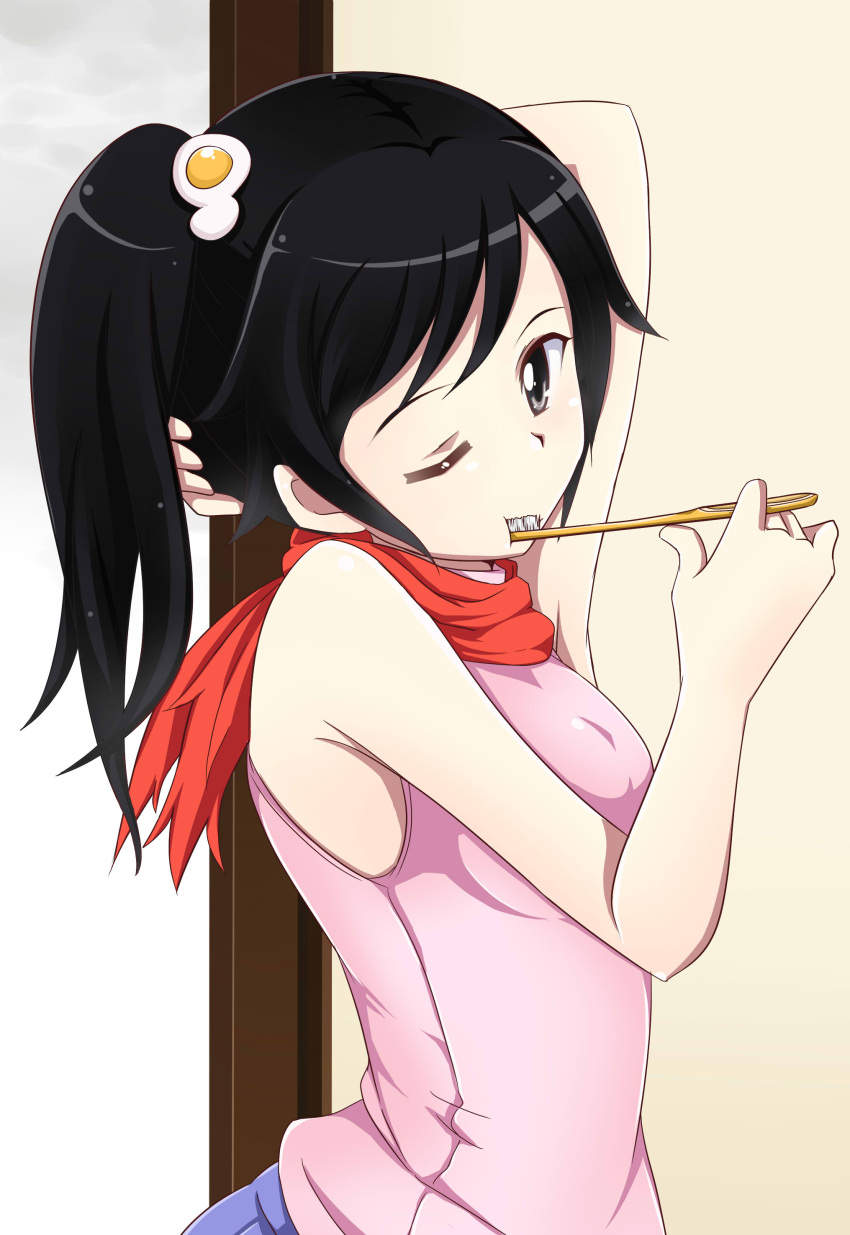 absurdres araragi_karen ascot bad_id bad_pixiv_id black_eyes black_hair brushing_teeth casual egg_hair_ornament female food-themed_hair_ornament hair_ornament highres long_hair monogatari_(series) nisemonogatari side_ponytail solo toothbrush tsukasa_0913