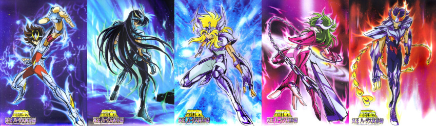 5boys andromeda_shun armor black_hair blonde_hair bodysuit constellation cygnus_hyouga dragon_shiryuu fighting_stance full_body green_hair highres holding holding_weapon long_hair multiple_boys pegasus_(constellation) pegasus_seiya phoenix_ikki saint_seiya skin_tight spiked_hair spread_legs standing star_(sky) umakoshi_yoshihiko very_long_hair weapon