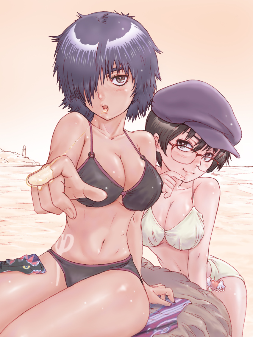 2girls :o absurdres arched_back arm_support bare_shoulders bikini black_eyes black_hair blush breasts brown_hair cleavage commentary_request finger_to_mouth foreshortening glasses hair_over_one_eye hat head_tilt heart highres large_breasts md5_mismatch multiple_girls navel nazo_no_kanojo_x o-ring o-ring_top ocean oka_ayuko over-rim_eyewear red-framed_eyewear resolution_mismatch rock saliva saliva_trail scissors semi-rimless_eyewear shiny_skin short_hair sitting source_smaller strap_gap sun_tattoo swimsuit tan tanlines urabe_mikoto water yoshikawa_kazunori