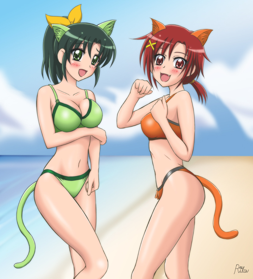 2girls animal_ears beach bikini blush breasts cat_ears cleavage commentary_request day green_eyes green_hair highres hino_akane_(smile_precure!) large_breasts midorikawa_nao multiple_girls navel oerba_yun_fang open_mouth ouse_riruka photoshop_(medium) ponytail precure red_eyes red_hair short_hair smile_precure swimsuit tail