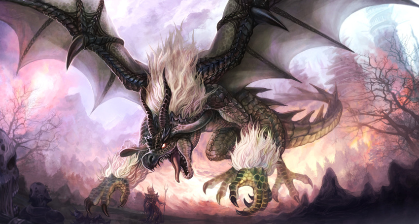 armor building cloud commentary_request dragon fire horns pixiv_fantasia pixiv_fantasia_sword_regalia single_horn solo staff tree ujuju wings