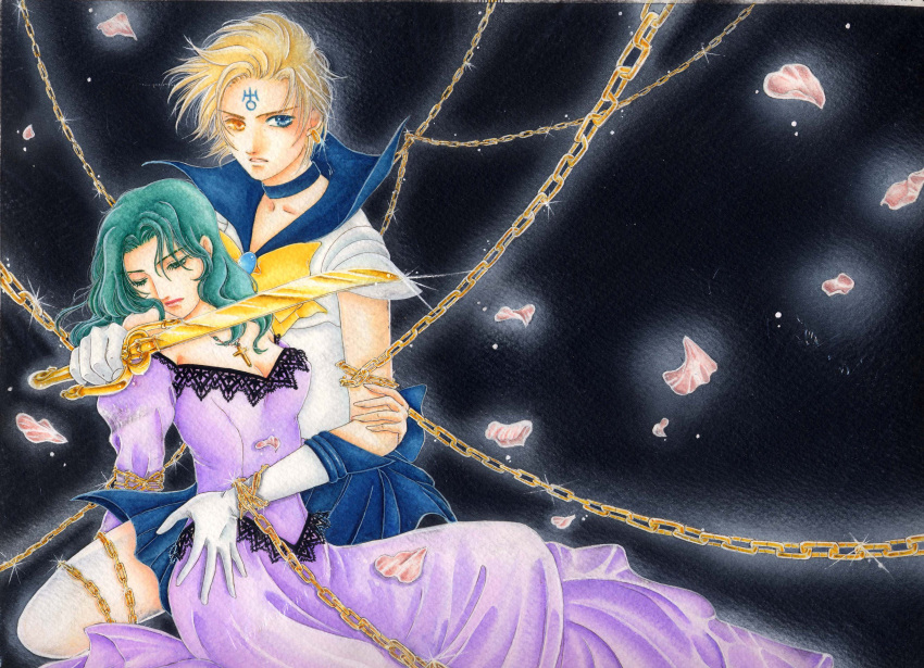 2girls absurdres aotnky aqua_hair bare_shoulders bishoujo_senshi_sailor_moon black_background blonde_hair blue_choker blue_sailor_collar blue_skirt bow chains choker color_ink_(medium) commentary_request cross dress elbow_gloves floating_hair gloves heterochromia highres jewelry kaiou_michiru kneeling lips lying magical_girl multiple_girls necklace petals photoshop_(medium) purple_dress sailor_collar sailor_senshi_uniform sailor_uranus short_hair skirt space_sword sword ten'ou_haruka touching traditional_media uranus_symbol very_short_hair weapon white_gloves yellow_bow