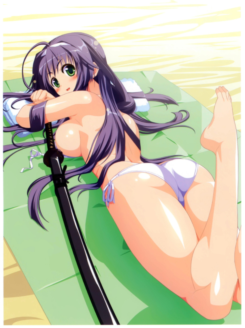 absurdres ahoge ass bikini blush breast_press breasts copyright_request female green_eyes hairband highres katana long_hair looking_at_viewer lying maki_yahiro medium_breasts on_stomach photoshop_(medium) purple_hair scan sheath sheathed side-tie_bikini_bottom sideboob smile solo swimsuit sword topless weapon white_bikini