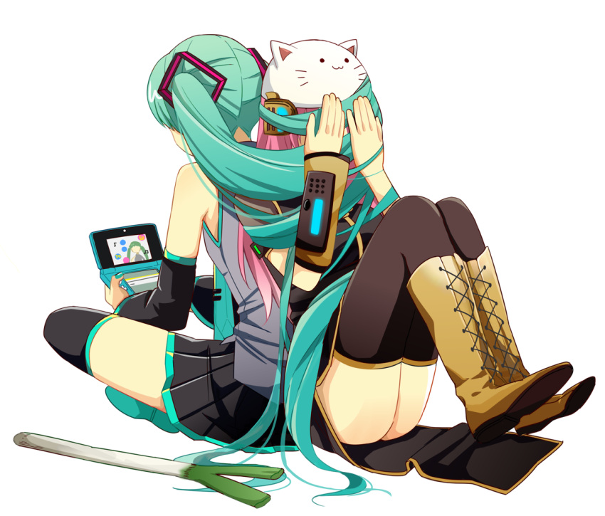 2girls animal_hat bad_id bad_pixiv_id boots cat_hat covering_face cross-laced_footwear detached_sleeves green_hair handheld_game_console hat hatsune_miku knee_boots lace-up_boots long_hair megurine_luka multiple_girls necktie nintendo_3ds pink_hair simple_background sitting skirt spring_onion thigh_boots thighhighs toeto_(vocaloid) twintails very_long_hair vocaloid white_background yamada_(onigori105)