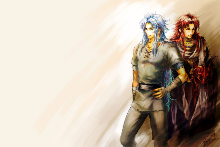 2boys blue_eyes blue_hair brothers cloak commentary_request gemini_kanon gemini_saga geminibluedream helmet long_hair male_focus multiple_boys photoshop_(medium) red_eyes red_hair saint_seiya siblings twins unworn_headwear unworn_helmet wavy_hair