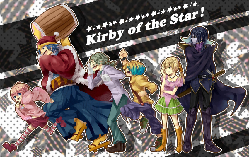 5boys angry annoyed armor ascot beard belt blonde_hair blue_eyes blue_hair boots bow bun_(kirby) cape chains clenched_hand collar commentary_request copyright_name denim dress_shirt escargon facepalm facial_hair female formal fumu_(kirby) fur_trim galaxia_(sword) geta glasses gloves green_hair hair_ornament hakama hakama_pants hammer hand_on_own_face hat highres hood hoodie janis_(hainegom) japanese_clothes jeans jewelry king_dedede kirby kirby:_right_back_at_ya kirby_(series) loafers mask meta_knight multicolored_hair multiple_boys necklace open_mouth pants pauldrons personification pink_hair ponytail profile puffy_sleeves robe running sash sheath sheathed shirt shoes shorts shoulder_armor skirt sneakers socks standing star-shaped_pupils star_(symbol) striped_clothes striped_socks suit suspenders sweatdrop sword symbol-shaped_pupils two-tone_hair weapon wristband