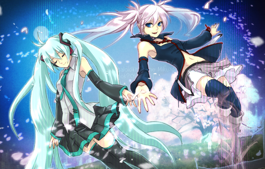 2girls blue_eyes commentary_request detached_sleeves green_hair hagane_miku hagane_vocaloid hair_ornament hatsune_miku long_hair momopanda multiple_girls necktie open_mouth photoshop_(medium) pink_hair skirt smile thighhighs twintails very_long_hair vocaloid