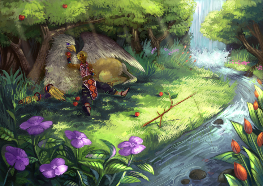 1boy apple blonde_hair commentary_request dark-skinned_male dark_skin fishing_rod flower food fruit fruit_tree fubar_(suikoden) gensou_suikoden gensou_suikoden_iii griffin hugo_(suikoden_iii) magatsumagic nature outdoors river scenery short_hair tree