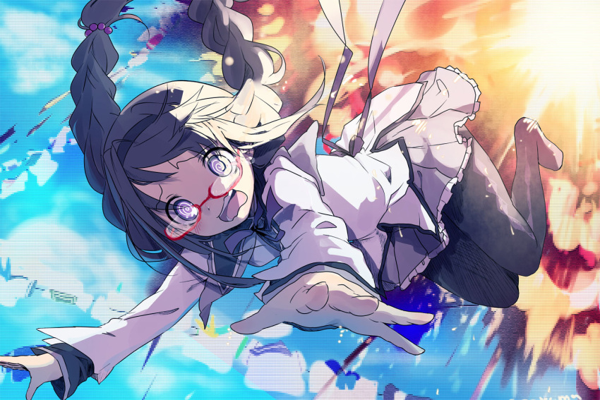 @_@ akemi_homura akemi_homura_(magical_girl) black_hair braid commentary_request explosion female frills glasses hairband long_hair magical_girl mahou_shoujo_madoka_magica mahou_shoujo_madoka_magica_(anime) open_mouth pantyhose patricia_(madoka_magica) photoshop_(medium) pleated_skirt purple_eyes red-framed_eyewear skirt solo spoilers twin_braids wavy_mouth witch's_labyrinth yoyoyotto