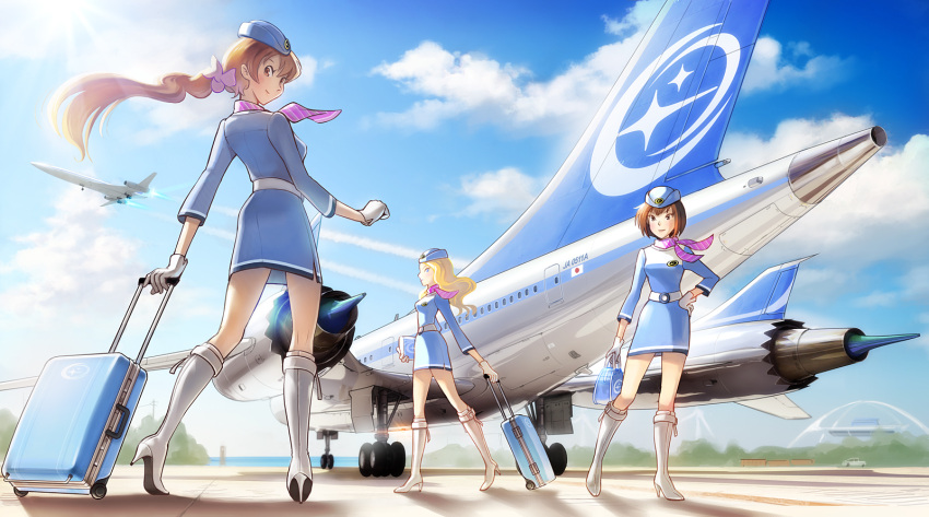 3girls aircraft airplane airport bag belt boots car cloud commentary_request contrail day flight_attendant gloves highres los_angeles motor_vehicle multiple_girls original pencil_skirt photoshop_(medium) ponytail rolling_suitcase scarf shirokichi skirt sky smile suitcase travel_attendant uniform wind_turbine