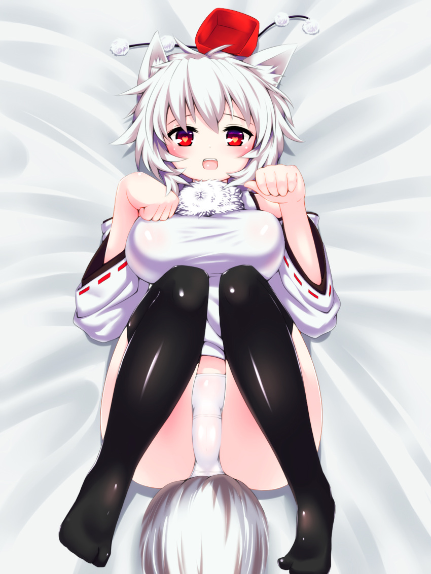 animal_ears bare_shoulders black_thighhighs breasts commentary_request dangan_neko detached_sleeves female hat heart heart-shaped_pupils highres inubashiri_momiji large_breasts looking_at_viewer lying no_pants on_back panties pantyshot paw_pose photoshop_(medium) pom_pom_(clothes) red_eyes short_hair smile solo symbol-shaped_pupils tail thighhighs tokin_hat touhou underwear white_hair white_panties wolf_ears wolf_tail