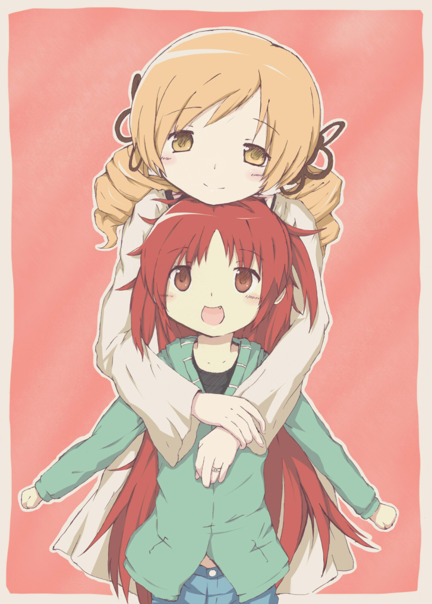 2girls akisaka_yamoka arms_around_neck bad_id bad_pixiv_id blonde_hair border bow casual drill_hair hair_ornament hairbow head_on_head head_rest highres hood hoodie jacket jewelry long_hair looking_up mahou_shoujo_madoka_magica mahou_shoujo_madoka_magica_(anime) multiple_girls oerba_yun_fang open_mouth pink_background ponytail red_eyes red_hair ring sakura_kyoko smile tomoe_mami twin_drills twintails wide_ponytail yellow_eyes