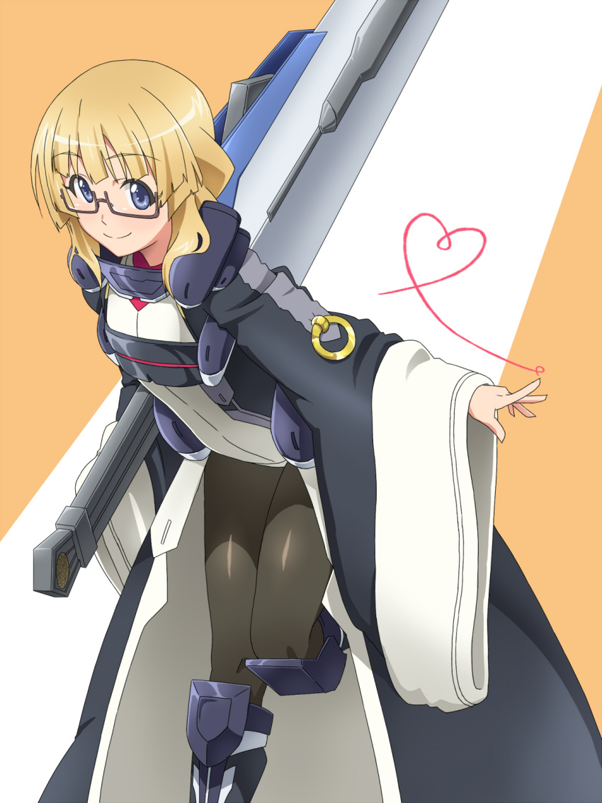 adele_balfetto black_legwear blonde_hair blue_eyes bodysuit female female glasses highres komakedara kyoukai_senjou_no_horizon kyoukaisenjou_no_horizon lance polearm solo weapon