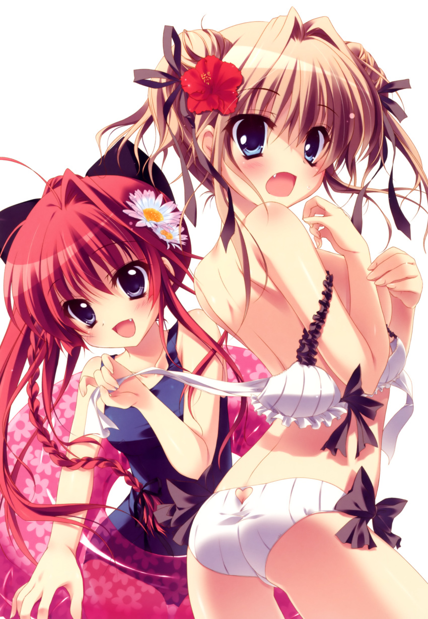 2girls :d absurdres ahoge alternate_hairstyle ass ass_cutout assisted_exposure bare_shoulders bikini blue_eyes braid breasts brown_hair clothing_cutout covering_breasts covering_privates double_bun flower hair_bun hair_flower hair_intakes hair_ornament heart_cutout hibiscus highres innertube inui_sana izumi_tsubasu long_hair mashiroiro_symphony medium_breasts multiple_girls oerba_yun_fang one-piece_swimsuit open_mouth ponytail red_hair scan school_swimsuit sena_airi short_twintails sideboob single_hair_intake smile swim_ring swimsuit twintails white_bikini