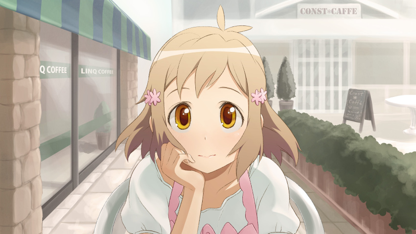 antenna_hair cafe day female hair_ornament head_rest highres light_brown_hair looking_at_viewer menu_board outdoors photoshop_(medium) pov_across_table senki_zesshou_symphogear shop solo tachibana_hibiki_(symphogear) town unyon upper_body yellow_eyes