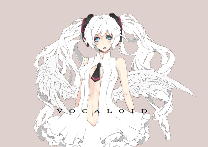 aqua_eyes bad_id bad_pixiv_id center_opening dress female hatsune_miku hatsune_miku_(append) long_hair looking_at_viewer misa1007 necktie solo twintails very_long_hair vocaloid vocaloid_append white_hair wings