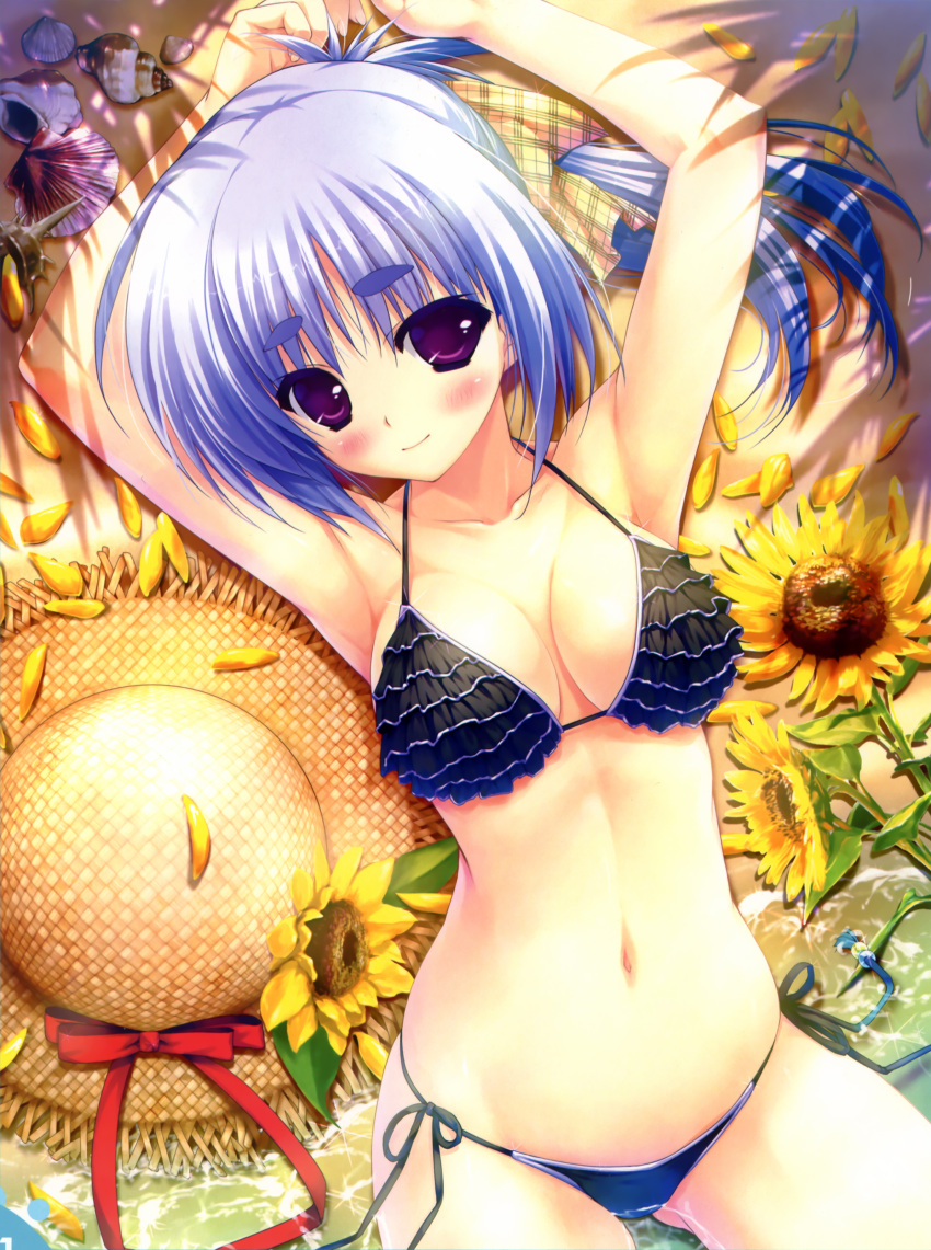 absurdres amatsu_misora_ni! armpits arms_up beach bikini black_bikini blue_hair blush breasts cleavage collarbone cropped female flower frilled_bikini frills halterneck hat highres long_hair lying medium_breasts navel on_back otonashi_kaho partially_submerged petals photoshop_(medium) plaid ponytail purple_eyes scan shell shintarou side-tie_bikini_bottom smile solo string_bikini sun_hat sunflower swimsuit thick_eyebrows water