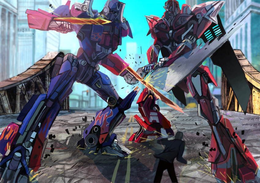 1boy autobot battle building city commentary_request highres kanegon_(facialexpression) mecha optimus_prime robot sentinel_prime sparks sword transformers transformers:_dark_of_the_moon transformers_(live_action) weapon