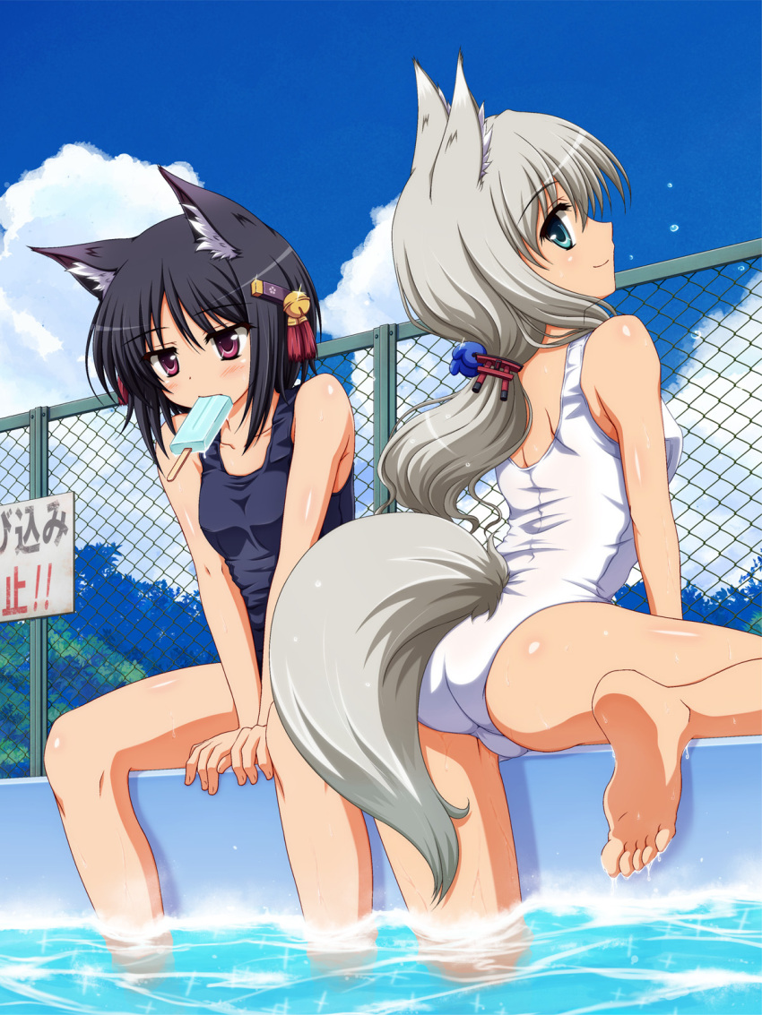 2girls animal_ears aqua_eyes bad_id bad_pixiv_id barefoot bell black_hair blush chain-link_fence cloud day feet fence food fox_ears fox_tail grey_hair hair_bell hair_ornament highres ishida_seito long_hair magatama mouth_hold multiple_girls one-piece_swimsuit original outdoors photoshop_(medium) pool poolside popsicle red_eyes school_swimsuit sign sitting sky smile soaking_feet soles swimsuit tail underwear v_arms water wet white_one-piece_swimsuit