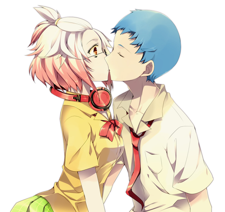 1boy alternate_hairstyle bad_id bad_pixiv_id bespectacled blue_hair borrowed_clothes brown_eyes couple eyewear_switch female glasses headphones hubert_ozwell hubert_ozwell_(head_hall_monitor) kissing multicolored_hair necktie official_alternate_costume ootani_mikoto pascal_(grade-grubbing_senior)_(tales) pascal_(tales) red_hair red_headphones shirt short_hair straight tales_of_(series) tales_of_graces two-tone_hair white_background white_hair