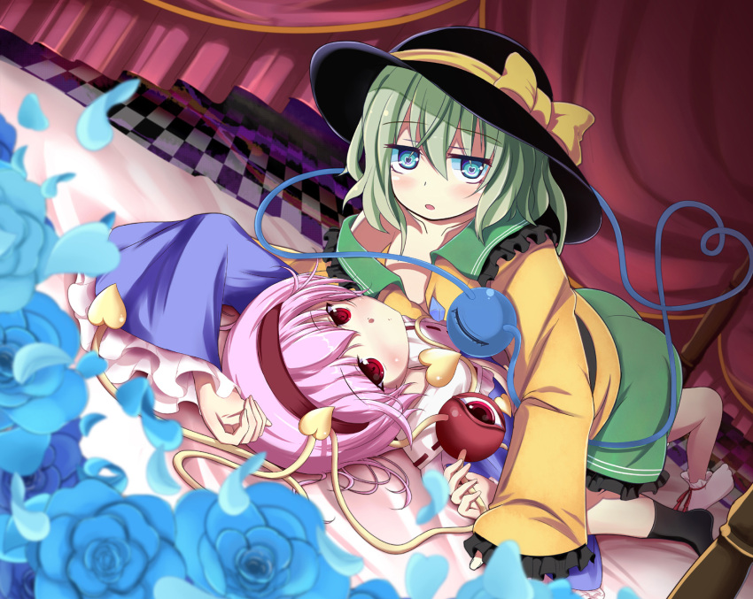 2girls all_fours arms_up bed blue_eyes blue_flower blue_rose blush canopy_bed collaboration commentary_request comord cowgirl_position downblouse duplicate eyeball flower green_eyes green_hair hairband hat hat_ribbon heart heart-shaped_pupils highres komeiji_koishi komeiji_satori looking_at_viewer lying multiple_girls odero off_shoulder on_back open_clothes open_mouth open_shirt petals pink_hair pixel-perfect_duplicate red_eyes ribbon rose shirt short_hair siblings sisters skirt symbol-shaped_pupils third_eye touhou