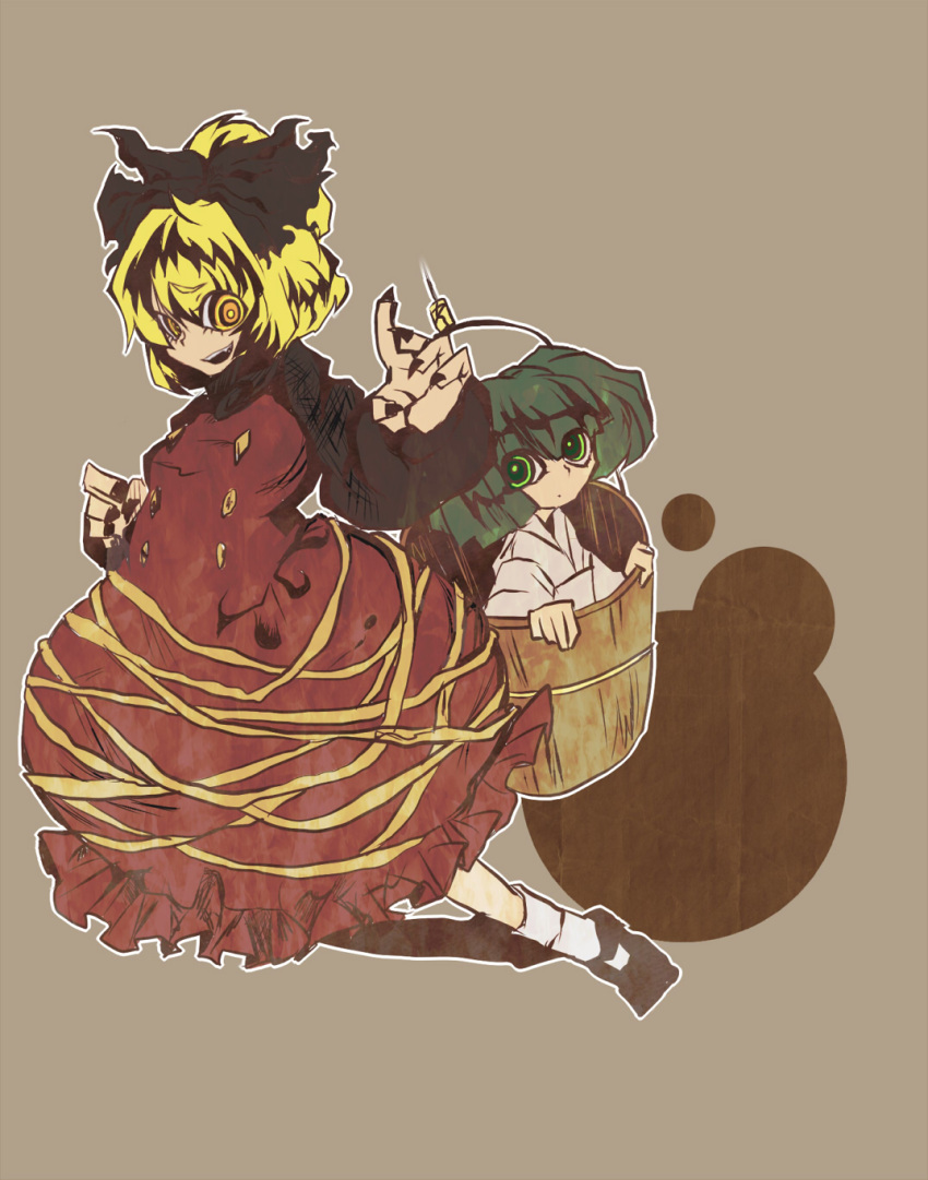 2girls @_@ blonde_hair bow bucket commentary_request green_eyes green_hair hair_bobbles hair_ornament hairbow highres in_bucket in_container kisume kurodani_yamame long_hair long_sleeves multiple_girls open_mouth ponytail puffy_sleeves rarorimiore short_hair touhou twintails wide_sleeves yellow_eyes