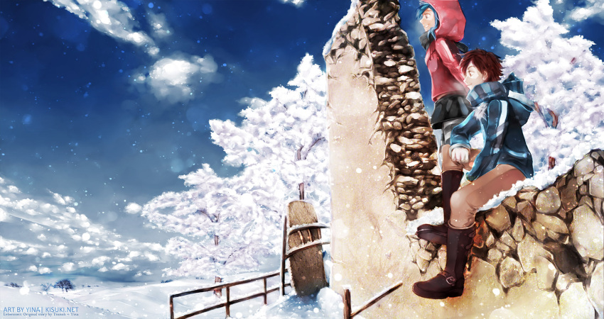 1boy boots commentary_request female highres hood hoodie original outdoors scarf snow tree yina