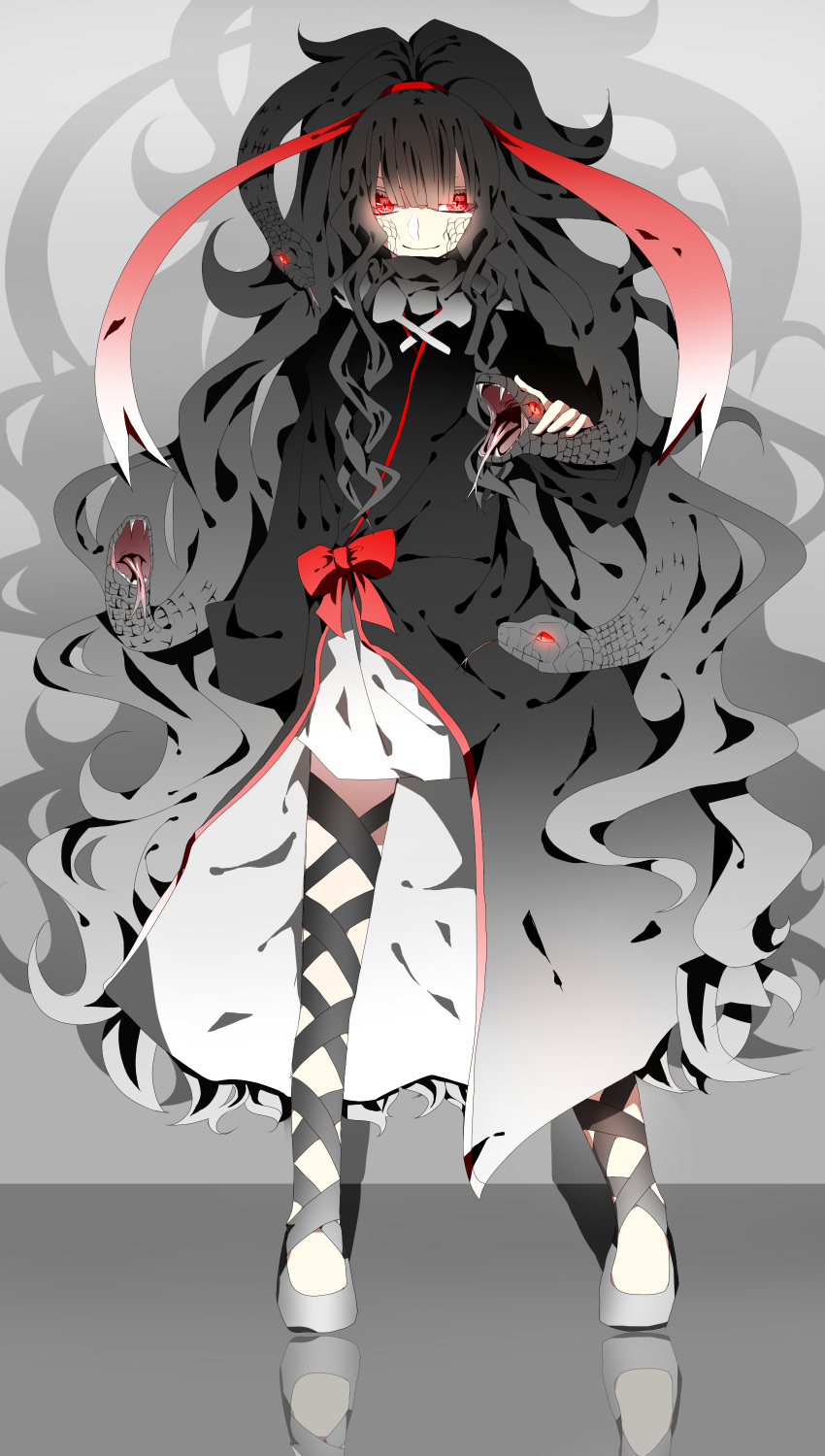 absurdres azami_(kagerou_project) bad_id bad_pixiv_id black_hair female flats hair_ribbon hakuri highres kagerou_project long_hair oerba_yun_fang red_eyes ribbon shoes snake solo very_long_hair