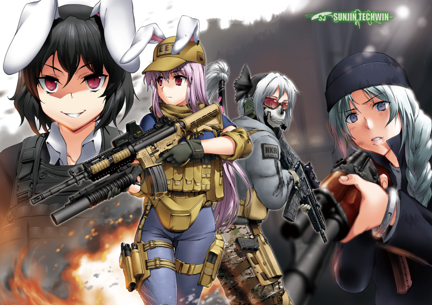 4girls adaptive_combat_rifle ak-47 alternate_costume animal_ears assault_rifle black_hair bulletproof_vest call_of_duty call_of_duty:_modern_warfare_2 cocked_hammer commentary_request cosplay ghost_(modern_warfare_2) ghost_(modern_warfare_2)_(cosplay) gloves grenade_launcher grey_hair grin gun hairband hat henshako highres holding holster inaba_tewi kalashnikov_rifle katana konpaku_youmu left-handed long_hair m4_carbine mask military_operator mouth_mask multiple_girls photoshop_(medium) purple_hair rabbit_ears red_eyes reisen_udongein_inaba remington_arms rifle short_hair smile sunglasses sword thigh_holster thigh_strap touhou trigger_discipline underbarrel_grenade_launcher weapon yagokoro_eirin