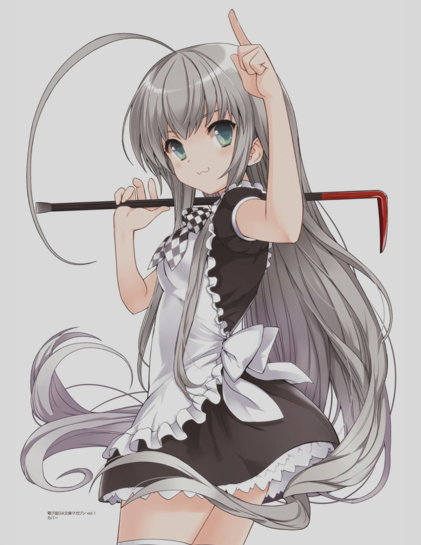 :3 ahoge arm_up blush checkered crowbar female green_eyes grey_hair haiyore!_nyaruko-san highres holding holding_crowbar huge_ahoge koin_(foxmark) long_hair maid nyarlathotep_(nyaruko-san) official_art simple_background skirt solo