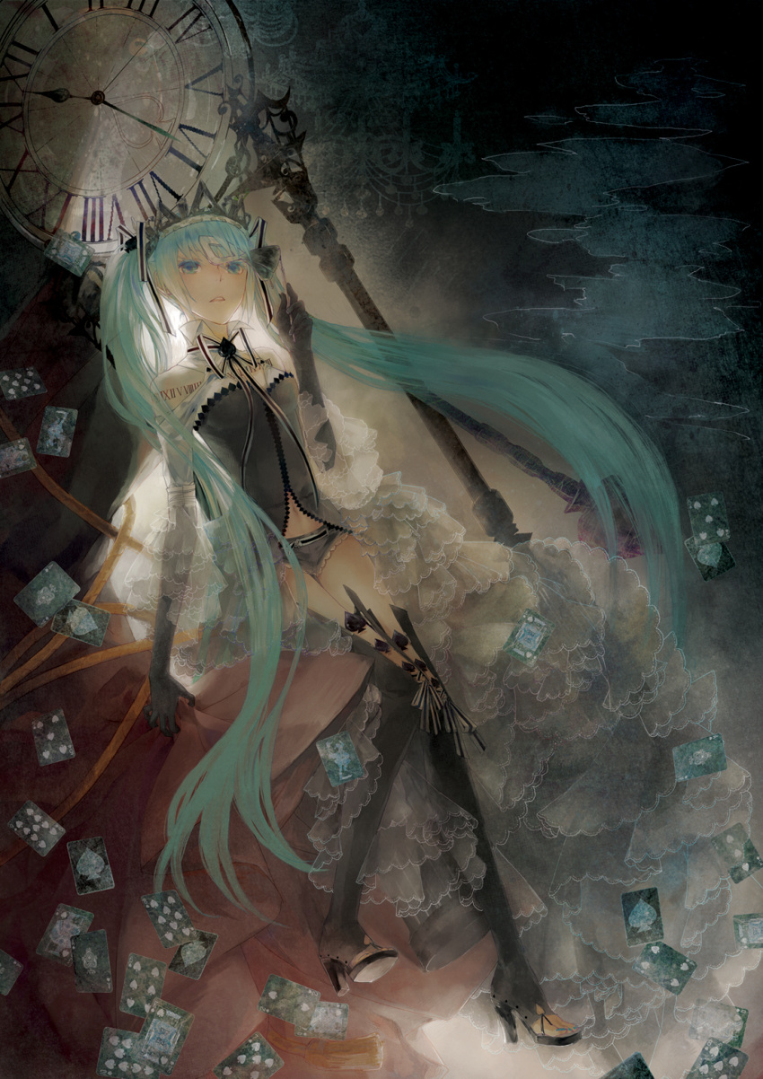 aqua_eyes aqua_hair bad_id bad_pixiv_id card clock fcsz3d1a female hatsune_miku high_heels highres long_hair photoshop_(medium) roman_numeral shoes solo thighhighs twintails very_long_hair vocaloid