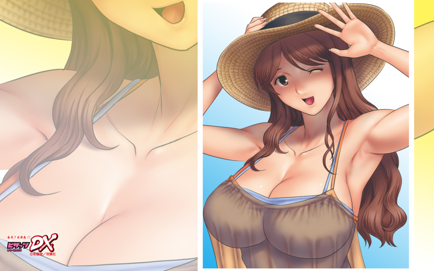 action_pizazz armpits breasts brown_hair cleavage female hat highres large_breasts long_hair official_art official_wallpaper one_eye_closed saigado solo zoom_layer