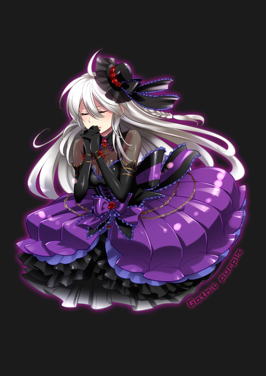 bow braid caffein closed_eyes commentary_request dress elbow_gloves female flower frills full_body gloves gothic_purple_(module) hat highres long_hair own_hands_clasped own_hands_together project_diva_(series) project_diva_extend simple_background solo striped_bow vocaloid white_hair yowane_haku