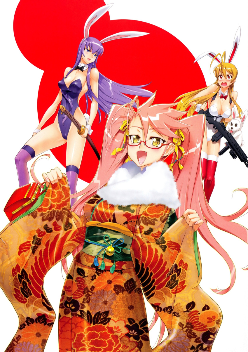 3girls :d :o alternate_costume animal_costume animal_ears antenna_hair bag bare_shoulders beads bell blue_eyes blush bow bowtie breasts busujima_saeko canine cleavage detached_collar fake_animal_ears fake_tail fingernails floating_hair floral_print fur_trim glasses groin gun hair_ribbon handbag happy highleg highleg_leotard highres highschool_of_the_dead holding holding_weapon japanese_clothes jingle_bell kemonomimi_mode kimono large_breasts legs leotard long_fingernails long_hair long_legs long_sleeves looking_at_viewer miyamoto_rei multiple_girls nail_polish narrow_waist obi oerba_yun_fang official_art open_mouth orange_hair photoshop_(medium) playboy_bunny puppy purple_hair purple_legwear rabbit_costume rabbit_ears rabbit_tail red-framed_eyewear red_eyes red_legwear ribbon ribs rifle sash satou_shouji semi-rimless_eyewear sheath sheathed sidelocks simple_background sleeves_past_wrists slim_legs smile spiked_hair standing strapless strapless_leotard sword tail takagi_saya tears thighhighs thighs twintails under-rim_eyewear very_long_hair weapon white_background wide_sleeves yellow_eyes zeke_(highschool_of_the_dead)