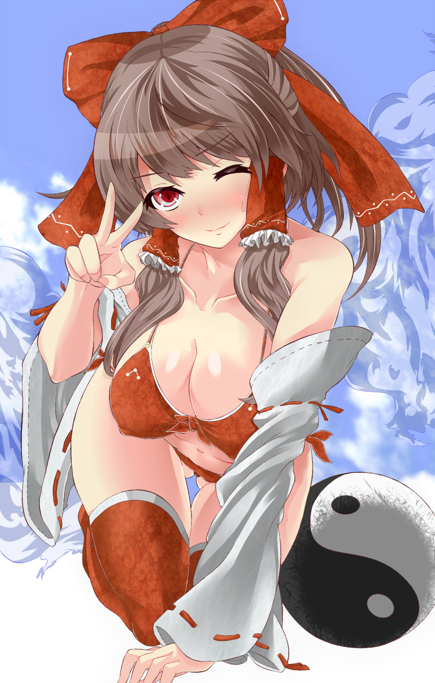 absurdres bad_id bad_pixiv_id bikini blush bow breasts cleavage collarbone detached_sleeves female hair_tubes hairbow hakurei_reimu highres izumi_yamato large_breasts one_eye_closed red_bow red_eyes smile solo sweatdrop swimsuit thighhighs touhou v wide_sleeves yin_yang