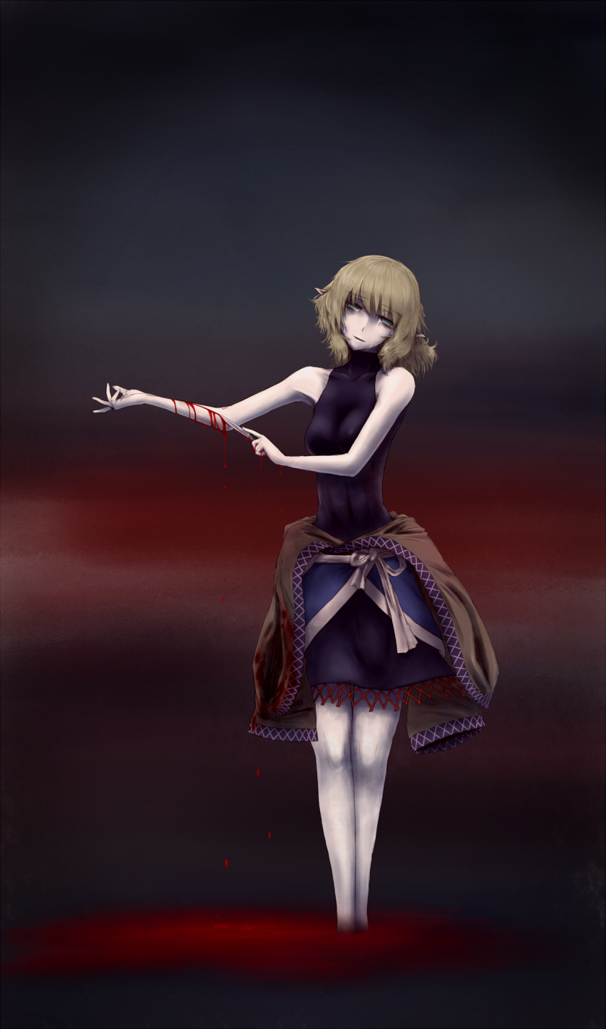 blonde_hair blood commentary_request cutting didloaded empty_eyes female green_eyes highres knife mizuhashi_parsee open_mouth pointy_ears pool_of_blood self-harm short_hair sleeveless solo standing suicide tears touhou weapon