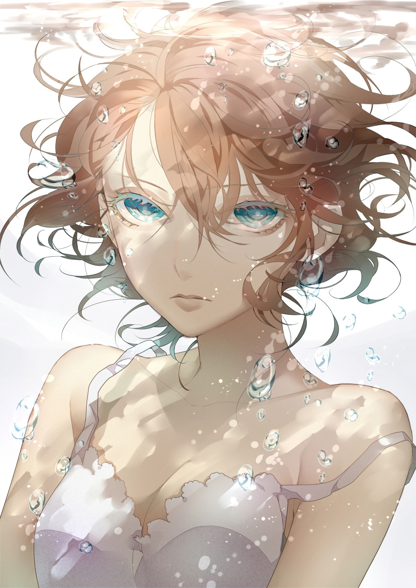 absurdres air_bubble aqua_eyes bare_shoulders bra breasts brown_hair bubble cleavage commentary_request expressionless eyelashes female highres kazari_tayu lips looking_at_viewer medium_breasts original short_hair solo underwater underwear