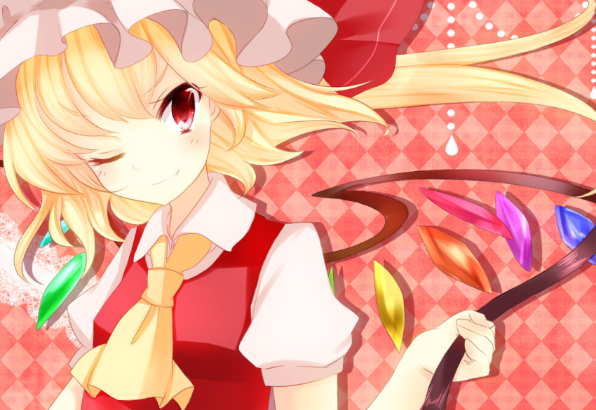 ajiriko ascot asymmetrical_hair bad_id bad_pixiv_id banned_artist blonde_hair crystal flandre_scarlet hat hat_ribbon laevatein oerba_yun_fang one_eye_closed puffy_sleeves red_eyes ribbon short_sleeves side_ponytail smile solo touhou wings