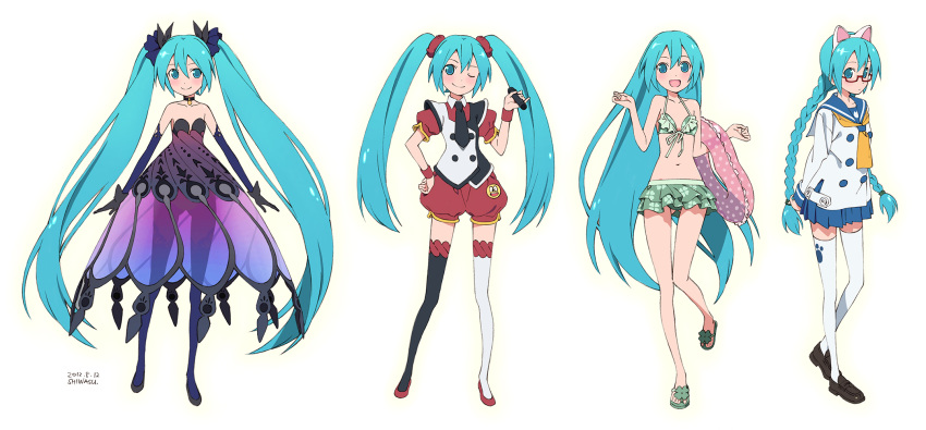 :d alternate_hairstyle aqua_eyes aqua_hair asymmetrical_legwear bespectacled bikini blush braid choker commentary_request dated dress elbow_gloves female glasses gloves hair_ornament hatsune_miku highres innertube kemonomimi_mode long_hair looking_at_viewer mismatched_legwear one_eye_closed open_mouth paw_print photoshop_(medium) school_uniform shiwasu_takashi signature simple_background skirt smile swim_ring swimsuit thighhighs twin_braids twintails very_long_hair vocaloid white_background zettai_ryouiki